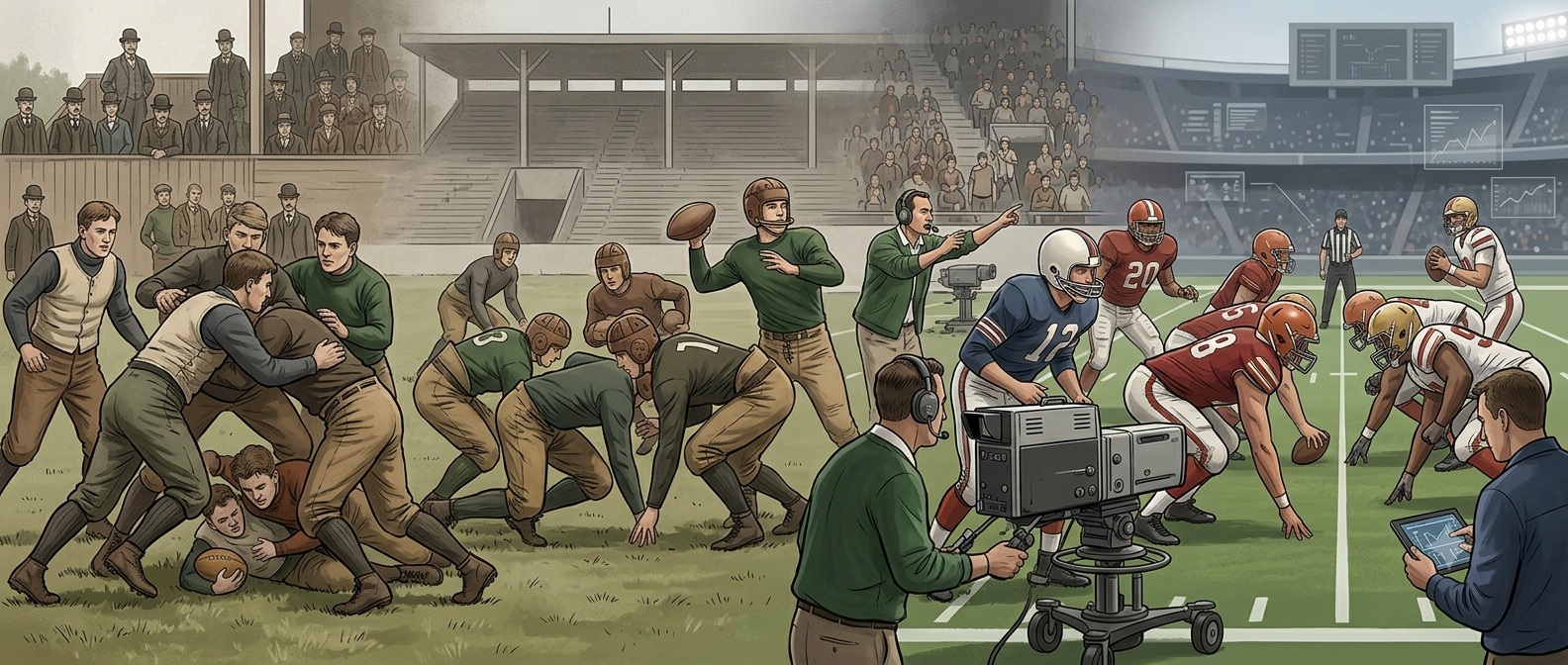 Illustration showing American football's evolution from nineteenth-century college games to the modern sport